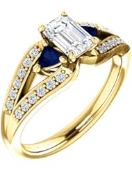 18K Yellow Gold Emerald Cut Diamond and Sapphire Ring -- LIFETIME WARRANTY
