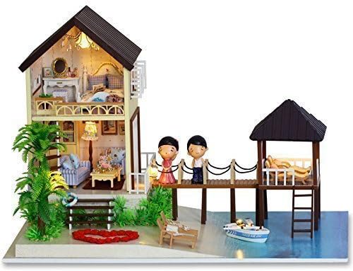 Ploy Best Tours Maldives Island DIY Wooden Dollhouse Kit Miniature Home Decoration with Music &amp; Light + Glass Dust-proof Cover +for children Birthday/Christmas Gift A027B