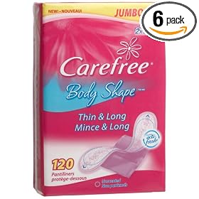 Carefree Body Shape Pantiliners, Thin & Long, Unscented, 120-Count Packages (Pack of 6)