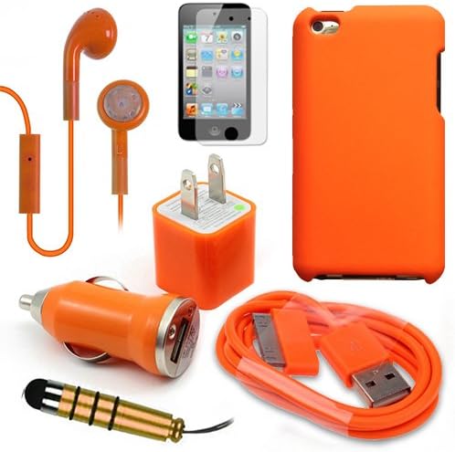 Apple iPod Touch iTouch 4/4th Gen Neon Orange Snap On Cover, USB Car Charger Plug, USB Home Charger Plug, USB 2.0 Data Cable, Metallic Stylus Pen, Stereo Headset & Screen Protector (7 Items) Retail Value: $89.95
