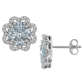 1 3ct Diamond and 2ct Aquamarine Earrings in 14k White Gold, H-I, I1-I2 by Amour