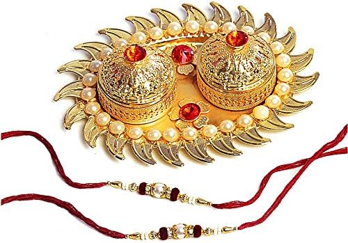 Cultural Concepts Men's Designer Stone And Pearl Rakhi With Gold Plated Roli Chawal Holder Red
