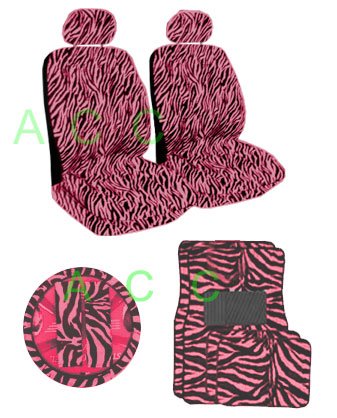 11 Piece Safari Animal Print Auto Interior Gift Set - 2 Pink Zebra Low Back Front Bucket Seat Covers with Separate Headrest Cover, 1 Pink Zebra Steering Wheel Cover,2 Pink Zebra Shoulder Harness Pressure Relief Cover, 2 Pink Zebra Front Floor Mats, and 2 Rear Floor Mats