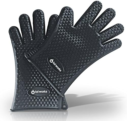 ioi Works Silicone Heat Resistant BBQ Gloves Set -for Grilling -Cooking -Baking -Smoking -as Glove Potholder -on Hot Food in High Temperature in Kitchen -Replace Oven Mittens with Five Fingered Grip
