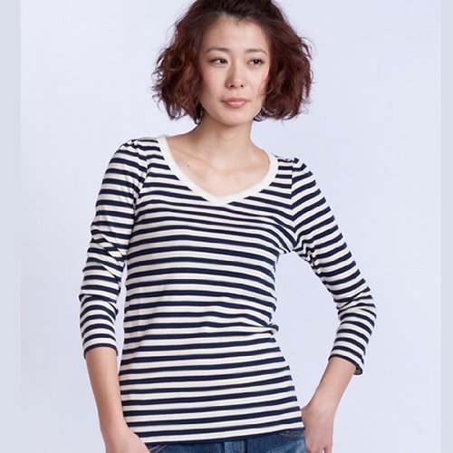 Ballerina Pink [ バレリーナピンク ] フライスボーダーピコVネック七分袖カットソー BP1048