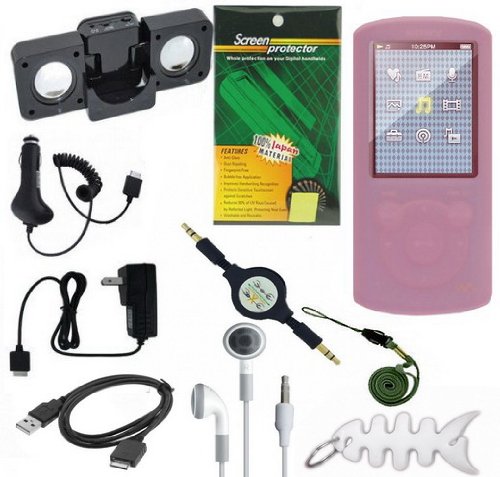 10 Pieces Premium Sony Walkman Accessories Combo Bundle Pack: Pink Silicone Skin Case, USB 2in1 Data Sync Cable, Car Charger, Wall / Travel / AC Adapter Charger, Portable Foldable Speaker Dock, Lanyard, Screen Protector, 3.5mm~3.5mm Retractable Audio cabl