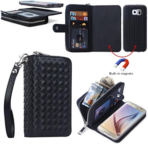 Samsung Galaxy S6,ATQ® Woven Grain Leather Wallet Case 2 in 1 Magnetic Detachable Back Cover Flip Case with Wrist Strap For Samsung Galaxy S6 With Stylus