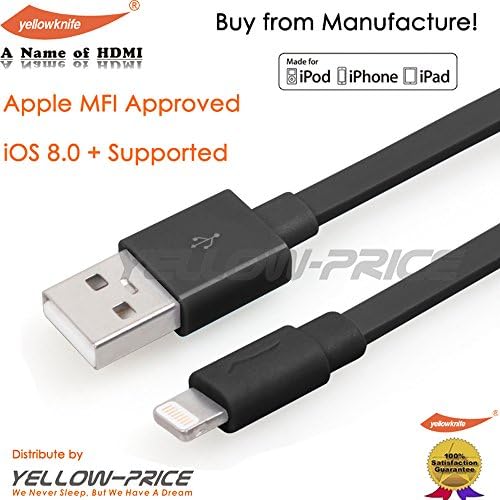 [Apple MFi Certified] Yellowknife (TM) Flat Lightning to USB Charger and Data Sync Cable Tangle-Free for iPhone 6 / 6Plus / iPad Air / iPad Mini or Other Lightning Port Device- 3.3 Feet FT Black