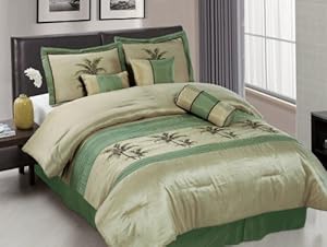 Chezmoi Collection 7-Piece Sage Green Embroidery Palm Tree Comforter Set