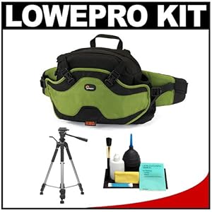 Lowepro Inverse 100 AW Beltpack Digital SLR Camera Bag (Leaf Green) + Tripod + Accessory Kit for Canon Rebel XSi, XS, T1i, T2i, EOS 50D, 5D, 7D, Nikon D3000, D5000, D40, D60, D90, D300, D300s, Olympus Evolt E-30, E-450, E-520, E-620, and Sony Alpha A230, A330, A380, A450, A500, A550, A850
