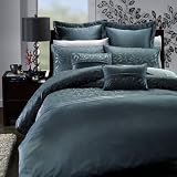 Queen Duvet Cover Set 7 Pieces - Blue/Gray Floral Jacquard
