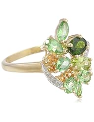 10k Yellow Gold Multi Green Gemstone and Diamond-Accented Leaf Ring
