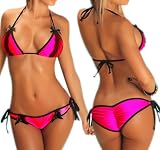 LOCOMO Sexy Lingerie Black Lace Edge String Swimwear Halter Bikini Set BN88 PK One Size Pink