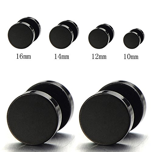 10MM-16MM Black Screw Stud Earrings for Men Women Steel Cheater Fake Ear Plugs Gauges Illusion Tunnel