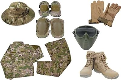 サバゲー 初心者応援セット 迷彩服 ハット フェイスガード グローブ ブーツ ニー&エルボーパット マルチカム