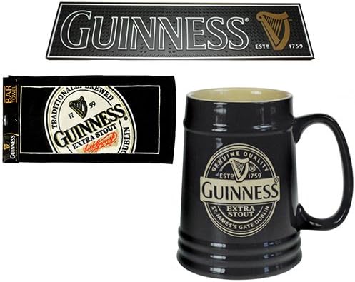 Guinness Barware Pack - PVC Bar Mat, English Label Bar Towel &amp; Guinness Black Ceramic Tankard