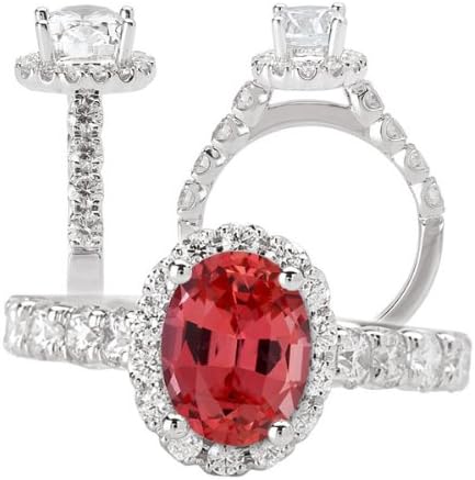 18k Elite Collection 8x6mm oval Chatham padparadscha engagement ring with natural diamond halo