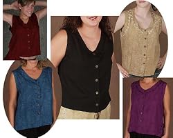 Button Blouse, Sleeveless - Embroidered Rayon, 5 Color Choices!