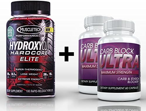 Hydroxycut Hardcore Elite (100 Capsules) & Carb Block Ultra (2 Bottles 60 capsules each) - High Performance Synergistic Weight Loss and Fat Burning Supplement Package