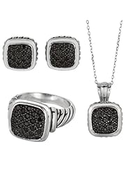 BRI Jewelry Sterling Silver Square Shape With Black Cubic Zirconia Set - Pendant - Earring - Ring Size 6