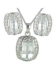 Sterling Silver Clear Barrel Cut Bezel Set Cubic Zirconia Stone Pave Rhodium Plating Nickle Free Earrings and Pendant Set 16 inches chain