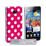Yousave Accessories Samsung Galaxy S2 i9100 Stilvoll Punkte Silikon Gel Gemustert Schutzh�lle Und Mit Displayschutz Film Und Graues Micro Faser Poliertuch - Hei� Rosa Mit Wei� Punktevon "Yousave"