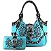 Justin West Tooled Laser Cut Leather Floral Embroidery Rhinestone Buckle Studded Shoulder Concealed Carry Tote Style Handbag Purse (Turquoise Purse and Wallet Set)
