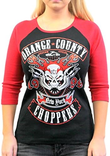 Orange County Choppers Womens Pipe Skull Tee, Small, Black/Red