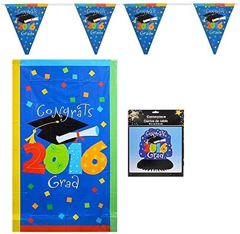 Graduation Party Supplies 2016 Set of 3 Including Centerpiece, Flags and Wall Mural Blue Pa-04