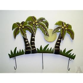 Tropical Palm Tree Beach Wall Metal Tin Art Coat , Hat or Key Hooks