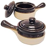 Traditional Lidded French Onion Soup Brown Ceramic Crock Set/2 with Handles
