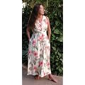 Button Front Long Tank - Bamboo Hibiscus Empire Waist Ruched Bust Line Drawstring Back Tie Hawaiian Aloha Ankle Length Dress - Regluar Size