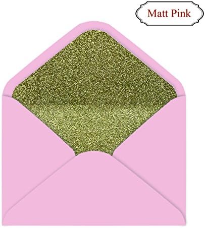 Pack of 20 Many Colors Gold Glitter Liner Envelops, Two Layers Envelops, Handmade, Pre-glued, Fits 57 card (Matt Pink)