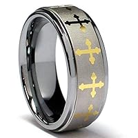 8MM Tungsten Ring with GOLD Color Eternity Cross Design Size 7