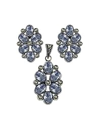 Sterling Silver Marcasite Lavender Cubic Zirconia Flower Earrings and Pendant Set