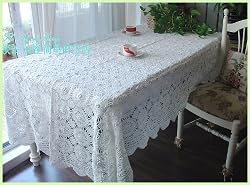 Vintage Hand Crochet White Cotton Table Cloth69"x98"