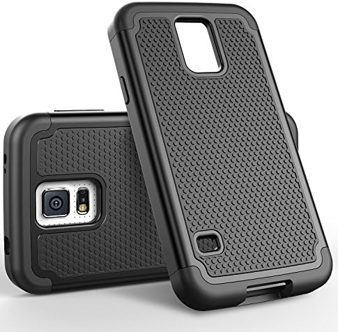 S5 Case, Hongqing Shop 2 in 1 Drop Protection Heavy Duty Design Hybrid Hard PC with Soft Rubber Regular Hexagon Textured Shield Combine Black Silicone Inner Bumper Combo Cover Case (Black/Black)