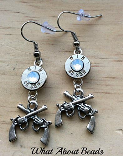 WIN Bullet 40 Caliber Earrings with Double Gun Charm and White Opal Swarovski Crystal.