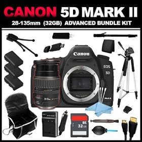 Canon EOS 5D Mark II 21.1MP Full Frame CMOS Digital SLR Camera with Canon EF 28-135mm f/3.5-5.6 IS USM Standard Zoom Lens (32GB Advanced Bundle Kit) includes Charger, x3 Batteries, 32GB SD Card, USB Card Reader, HDMI Cable, Carrying Case, Mini Tripod, 67 Monopod, 57 Full Size Tripod, Card Wallet, 