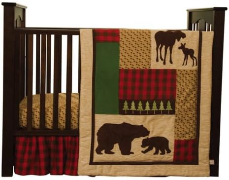 Cozy Cabin Nature Animals Nursery Crib Bedding Set with Moose &amp; Bear with Quilt,Crib Skirt,Valance,Sheet,Storage Caddy, Gender Neutral for Baby Girl or Boy
