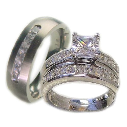 3 Pieces His & Her 925 Sterling Silver White Gold Plated & Titanium Matching Engagement Wedding Bridal Ring Set. Available Sizes (Men's 8-13); (Women's Set: 5-10) Whole & Half Sizes. Please Email Us with Your Sizes. 3 Pieces His & Her 925 Sterling Silver White Gold Plated & Titanium Matching Engagement Wedding Bridal Ring Set. Available Sizes (Men's 8-13); (Women's Set: 5-10) Whole & Half Sizes. Please Email Us with Your Sizes.