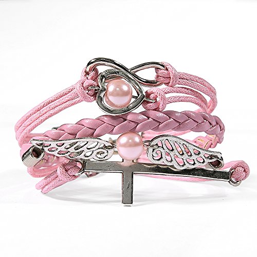 HITOP Jewelry Mens Womens Leather Bracelet, Vintage Heart Wing Cross Charm Bangle, Pink
