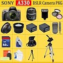 Sony Alpha A330 Digital SLR with 18-55mm Lens + HUGE ACCESSORIES PACKAGE INCLUDING WIDE ANGLE MACRO LENS + 2X TELEPHOTO + 3 PC FILTER KIT + 8GB SDHC MEMORY CARD + 2x EXTENDED LIFE BATTERIES + CARRYING CASE + TRIPOD & MUCH MORE!!