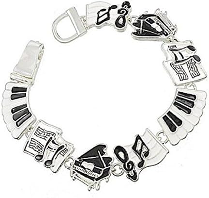 Silver Plated Classic Black and White Enamel Piano Music Note Charm Bracelet, 7.5" Comes Gift Boxed