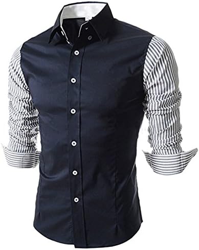 ClothingLoves Men's Casual Slim Fit Stripped Sleeve Patchwork Shirts Large Dark Blue