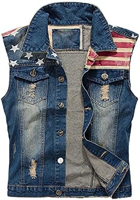 Yesiyan Men's Slim Fit American Flag Sleeveless Denim Vest Outwear (M)