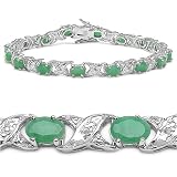 7.30 Carat Genuine Emerald Ovals & Diamond Silver Bracelet