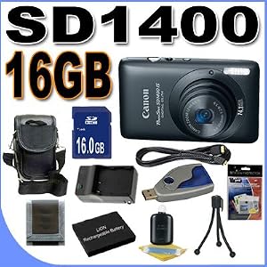 Canon PowerShot SD1400IS 14.1 MP Digital Camera w/4x Wide Angle Optical IS Zoom (Black) 16GB BP4L Battery/Charger BigVALUEInc Accessory Saver HD Bundle