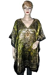 Womens Silk Satin Caftan Kimono Sleeve Tunic Olive Green Ethnic Print Kaftan