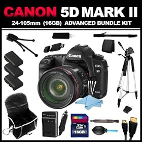 Canon EOS 5D Mark II 21.1MP Full Frame CMOS Digital SLR Camera with EF 24-105mm f/4 L IS USM Lens (16GB Advanced Bundle Kit) includes Charger, x3 Batteries, 16GB SD Card, USB Card Reader, HDMI Cable, Carrying Case, Mini Tripod, 67 Monopod, 57 Full Size Tripod, Card Wallet, Lens Pen, Dust Blower an